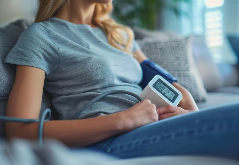 Frau sitzt mit Blutdruckmessgerät auf der Couch