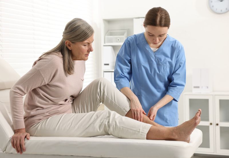 Ärztin untersucht Bein einer Patientin