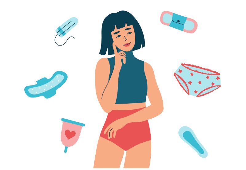 Grafik Frau und verschiedene Menstruationsprodukte
