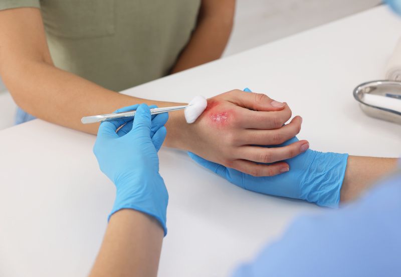 Brandwunde auf einer Hand wird ärztlich versorgt