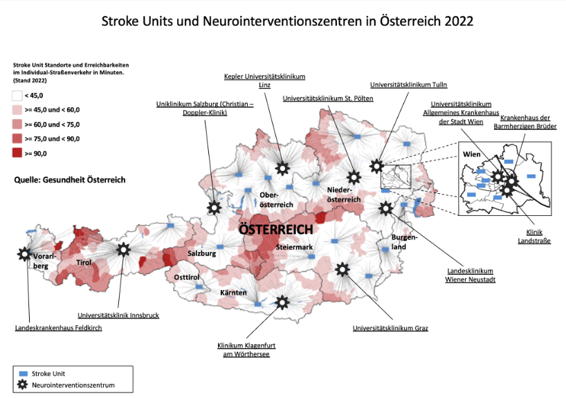 Österreichkarte mit Stroke Units und Neurointerventionszentren