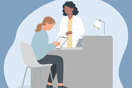 Grafik Frau spricht mit Ärztin und füllt ein Formular aus