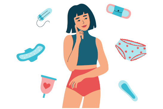 Grafik Frau mit Menstruationsprodukten