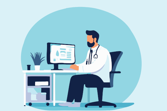 Grafik Arzt sitzt vor dem Computer